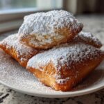 Close-up of three golden brown New Orleans Beignets generously dusted with powdered sugar on a white plate.