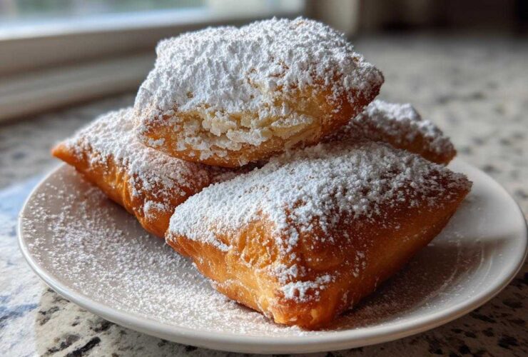 Close-up of three golden brown New Orleans Beignets generously dusted with powdered sugar on a white plate.