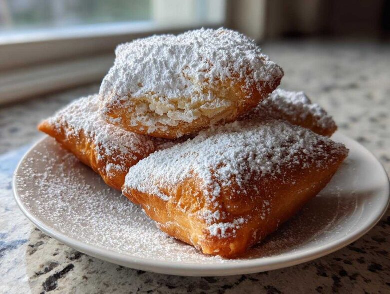 Close-up of three golden brown New Orleans Beignets generously dusted with powdered sugar on a white plate.