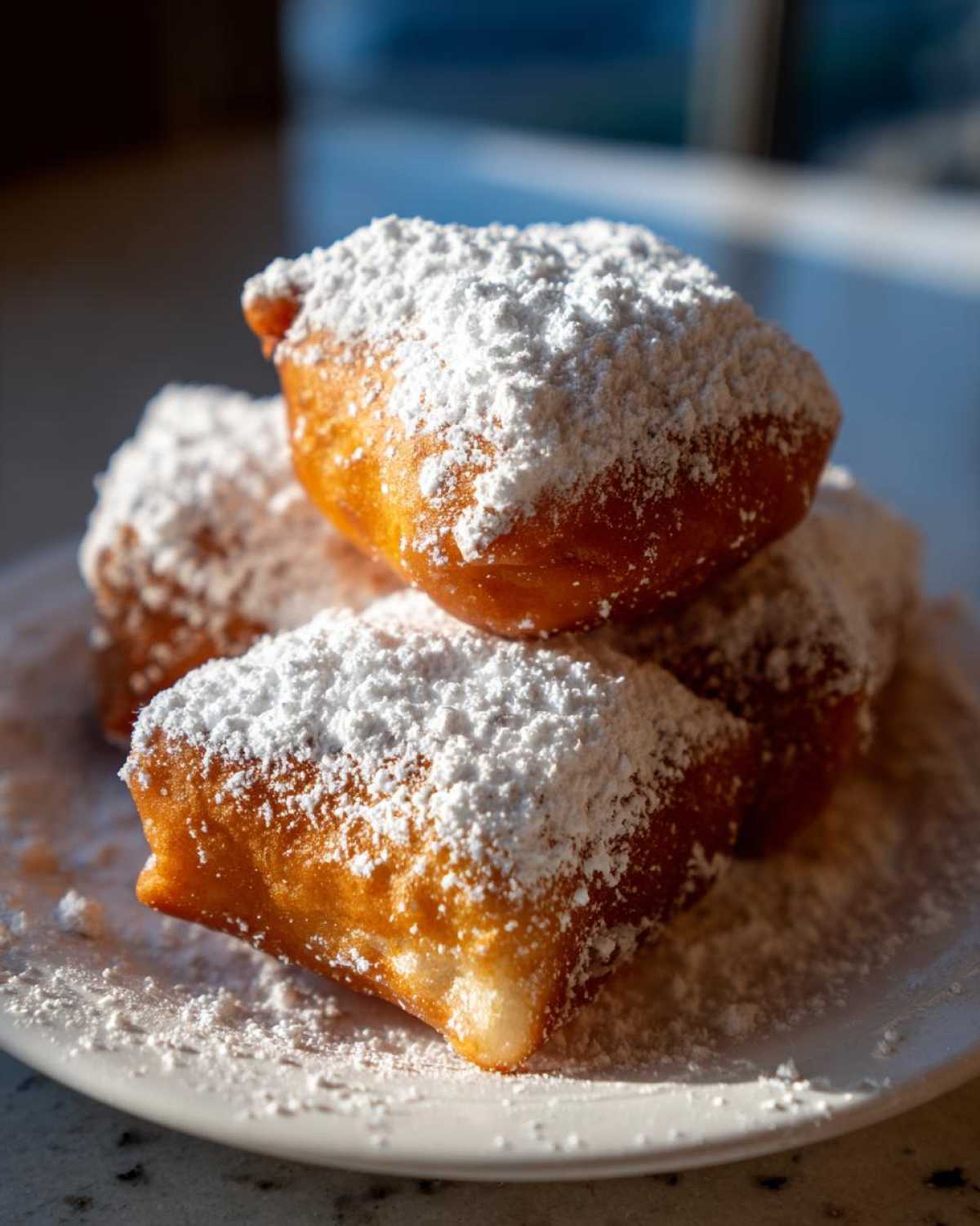 Close-up of fluffy New Orleans Beignets generously dusted with powdered sugar on a white plate.