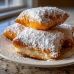A close-up of several fluffy New Orleans Beignets heavily dusted with powdered sugar on a white plate.