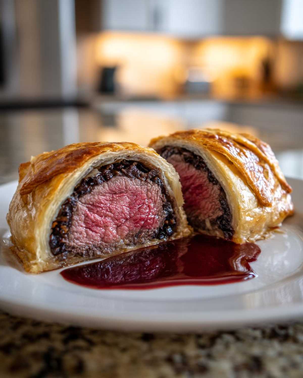 Cross-section of a perfectly cooked Beef Wellington showing medium-rare center and flaky pastry.