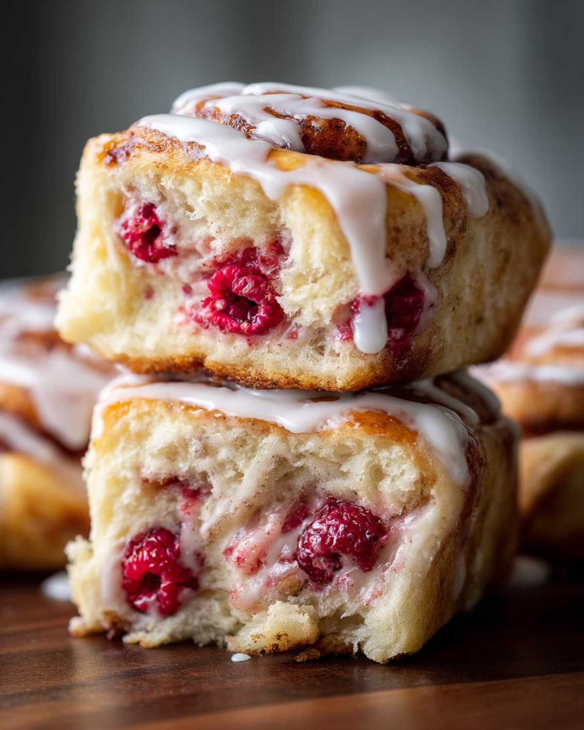 Two stacked Raspberry Cream Cheese Sweet Rolls cut in half, showing the gooey raspberry filling and vanilla glaze.