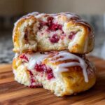 Two stacked Raspberry Cream Cheese Sweet Rolls, one broken open to show the filling and vanilla glaze dripping down.