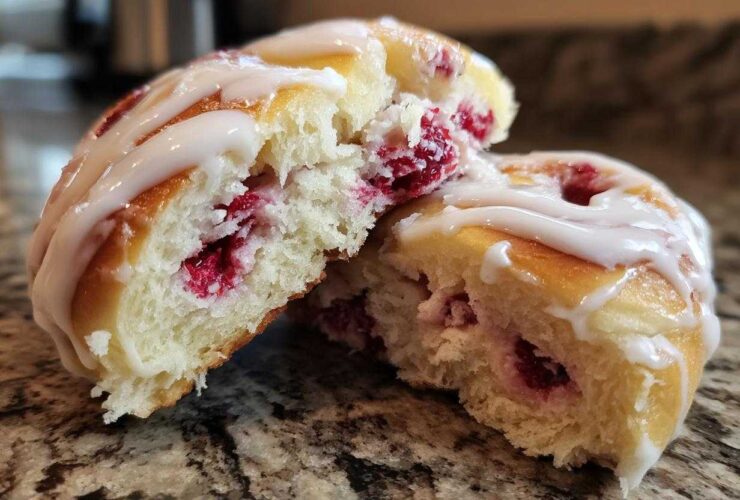 Close-up of a Raspberry Cream Cheese Sweet Roll cut in half showing soft dough, raspberry filling, and vanilla glaze.