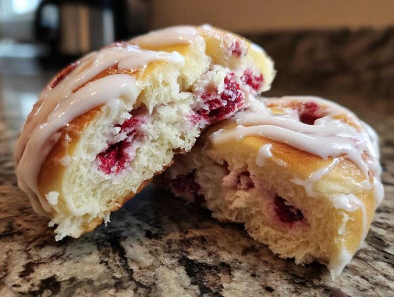 Close-up of a Raspberry Cream Cheese Sweet Roll cut in half showing soft dough, raspberry filling, and vanilla glaze.