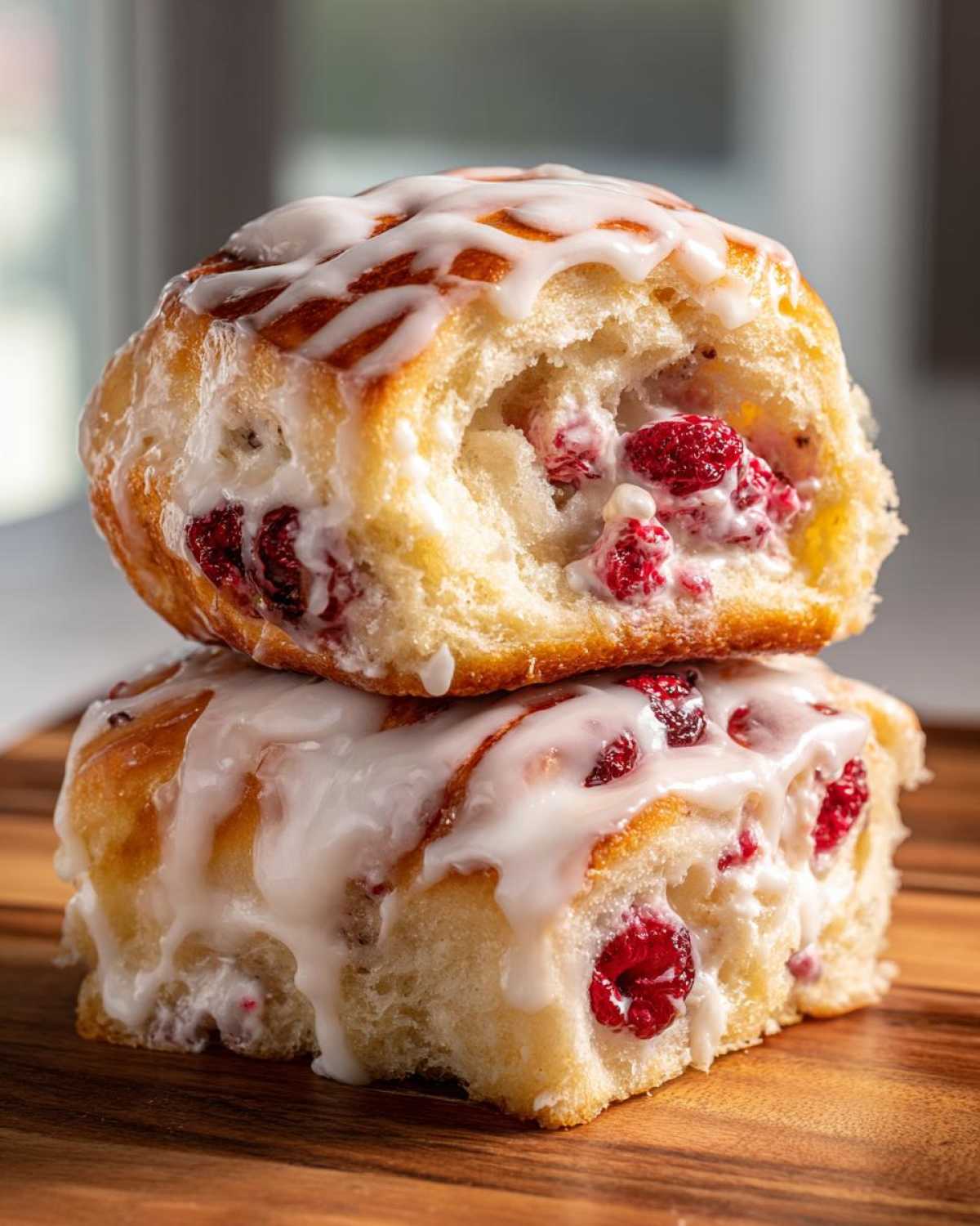 Two stacked Raspberry Cream Cheese Sweet Rolls drizzled generously with vanilla glaze, showing the raspberry filling.