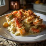 A close-up serving of Rich Winter Vegetable Casserole featuring creamy sauce, chunks of carrots, and a golden, crunchy breadcrumb topping.