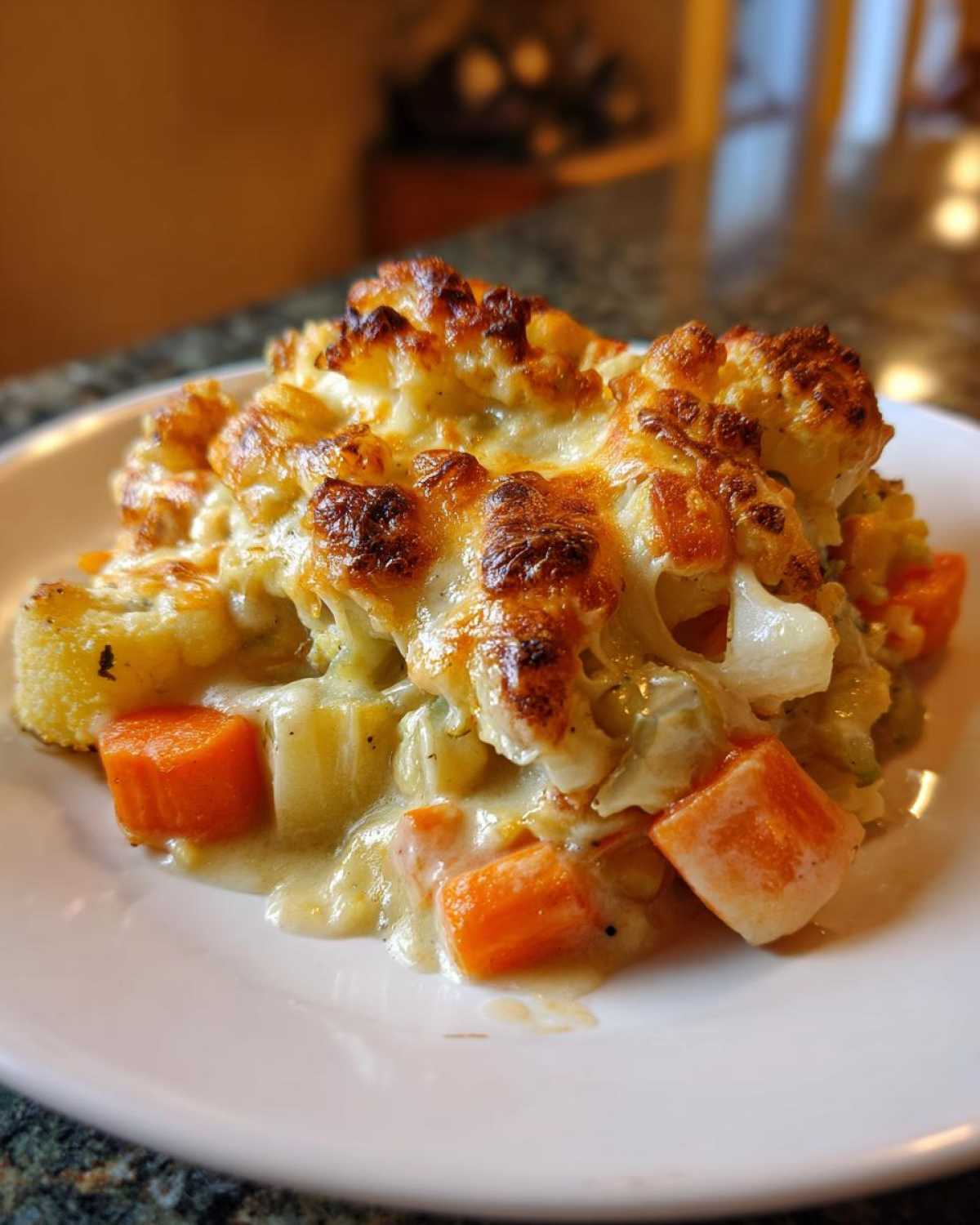 A close-up serving of Rich Winter Vegetable Casserole featuring cheesy, browned cauliflower and bright orange carrots in a creamy sauce.