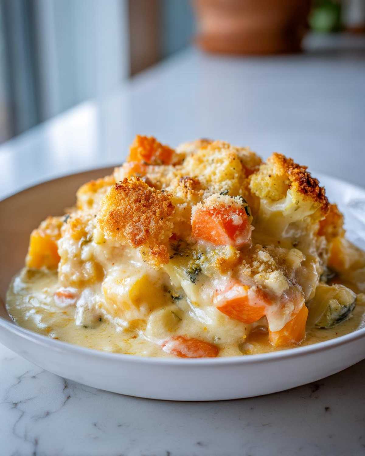 A close-up of a serving of Rich Winter Vegetable Casserole in a white bowl, featuring creamy sauce and a golden breadcrumb topping.