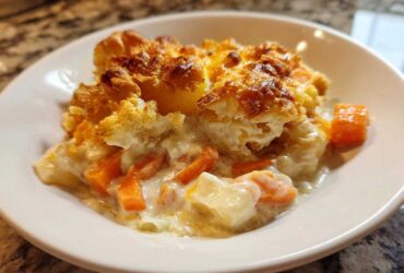 A close-up serving of Rich Winter Vegetable Casserole, showing creamy sauce, carrots, and a golden, cheesy baked topping.