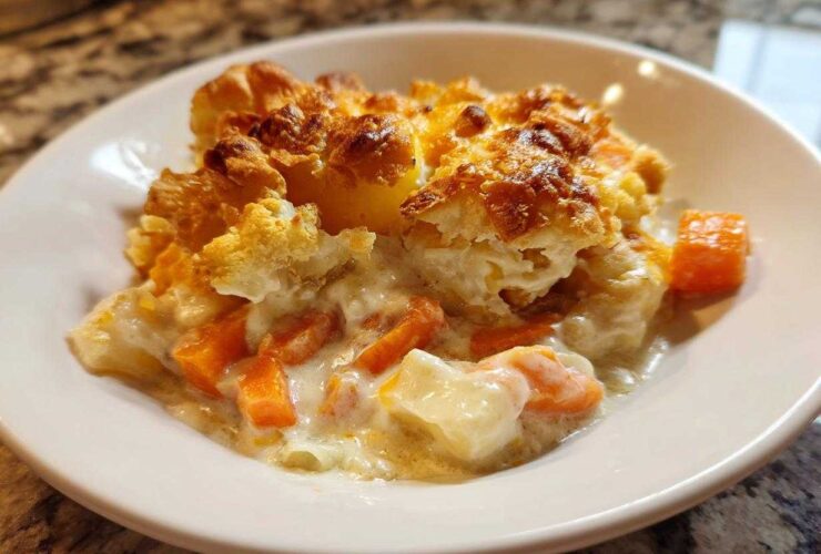 A close-up serving of Rich Winter Vegetable Casserole, showing creamy sauce, carrots, and a golden, cheesy baked topping.