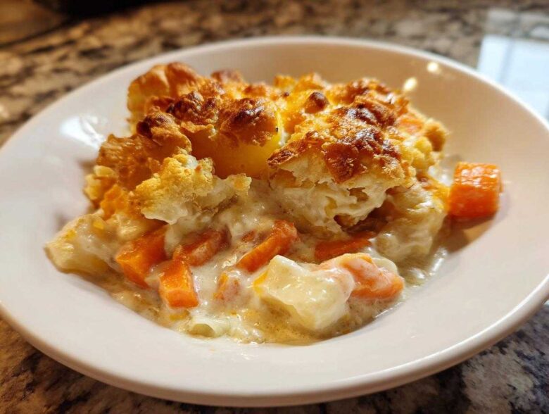 A close-up serving of Rich Winter Vegetable Casserole, showing creamy sauce, carrots, and a golden, cheesy baked topping.