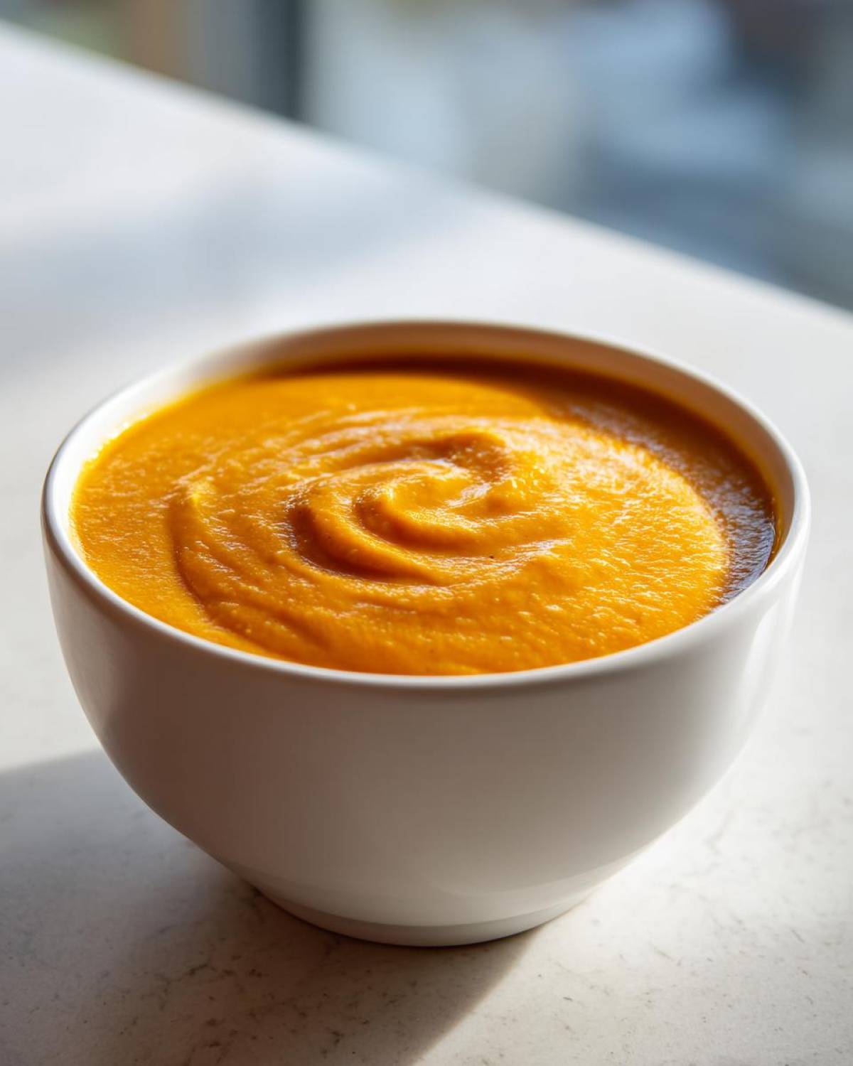 Close-up of a vibrant orange Roasted Apple Pumpkin Soup swirled in a white bowl.