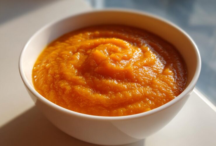 Close-up of vibrant orange Roasted Apple Pumpkin Soup, swirled texture, served in a white bowl.