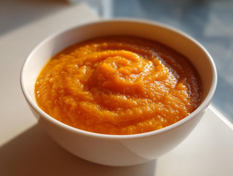 Close-up of vibrant orange Roasted Apple Pumpkin Soup, swirled texture, served in a white bowl.