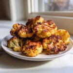 A pile of golden brown, charred Roasted Cauliflower Bites served on a white plate near a bright window.