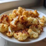A close-up of crispy, golden brown Roasted Cauliflower Bites piled high on a white plate.