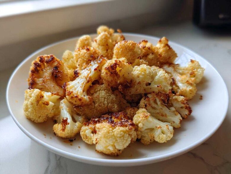 A close-up of crispy, golden brown Roasted Cauliflower Bites piled high on a white plate.