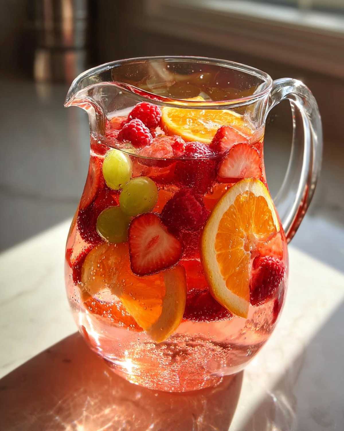 A clear glass Ros Sangria Fruit Pitcher filled with pink liquid, sliced oranges, strawberries, raspberries, and green grapes.