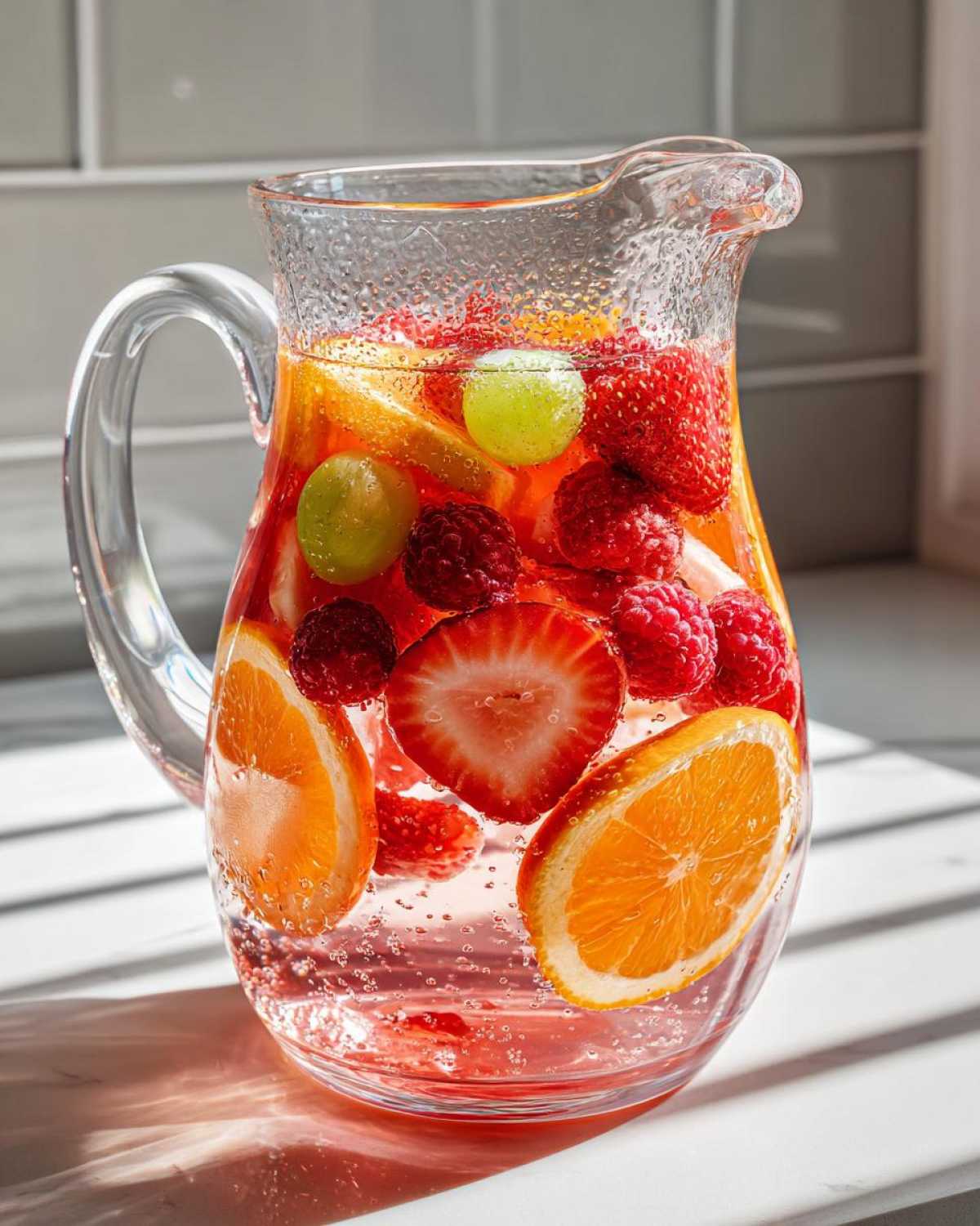 Close-up of a clear glass Ros Sangria Fruit Pitcher filled with red liquid, strawberries, raspberries, orange slices, and green grapes.
