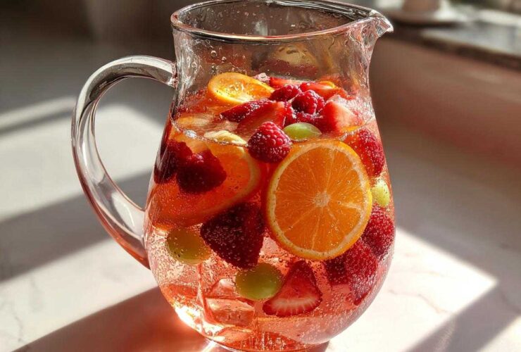 A clear glass Ros Sangria Fruit Pitcher filled with pink liquid, ice, orange slices, strawberries, raspberries, and green grapes.
