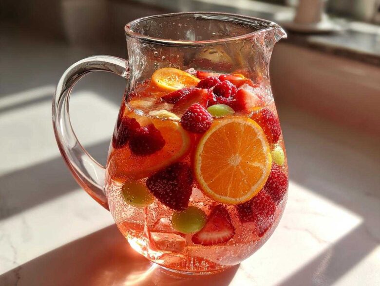 A clear glass Ros Sangria Fruit Pitcher filled with pink liquid, ice, orange slices, strawberries, raspberries, and green grapes.