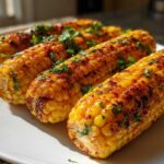 Four pieces of seasoned and grilled corn ribs, sprinkled with fresh cilantro, served as a summer side dish.