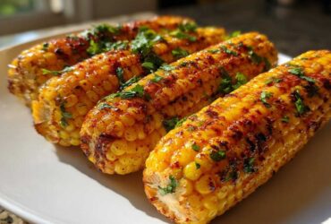 Four pieces of seasoned and grilled corn ribs, sprinkled with fresh cilantro, served as a summer side dish.