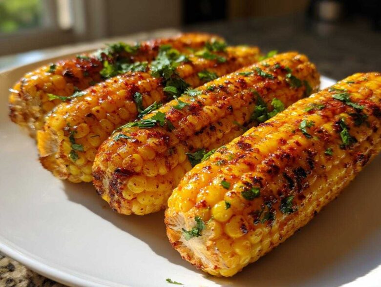 Four pieces of seasoned and grilled corn ribs, sprinkled with fresh cilantro, served as a summer side dish.