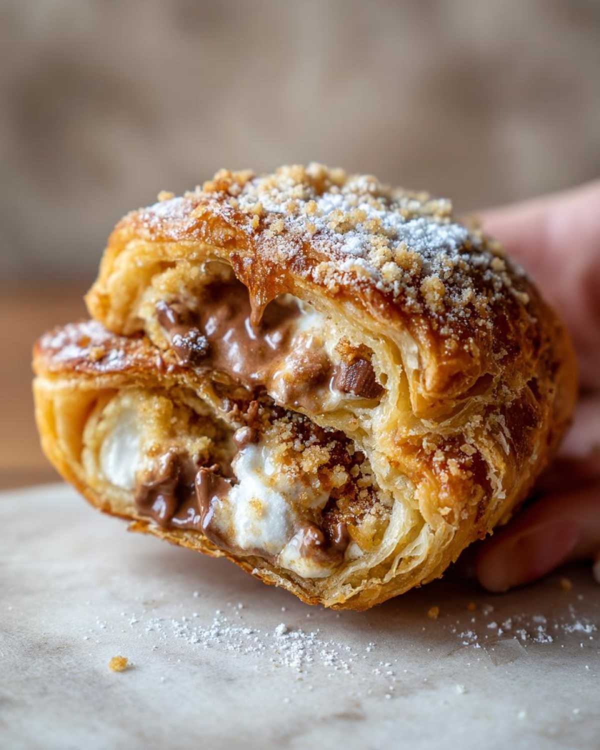 Close-up of a Smores Hand Pies pastry broken open, showing melted chocolate and marshmallow filling.