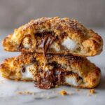Two halves of Smores Hand Pies stacked, showing melted chocolate and marshmallow filling oozing out.