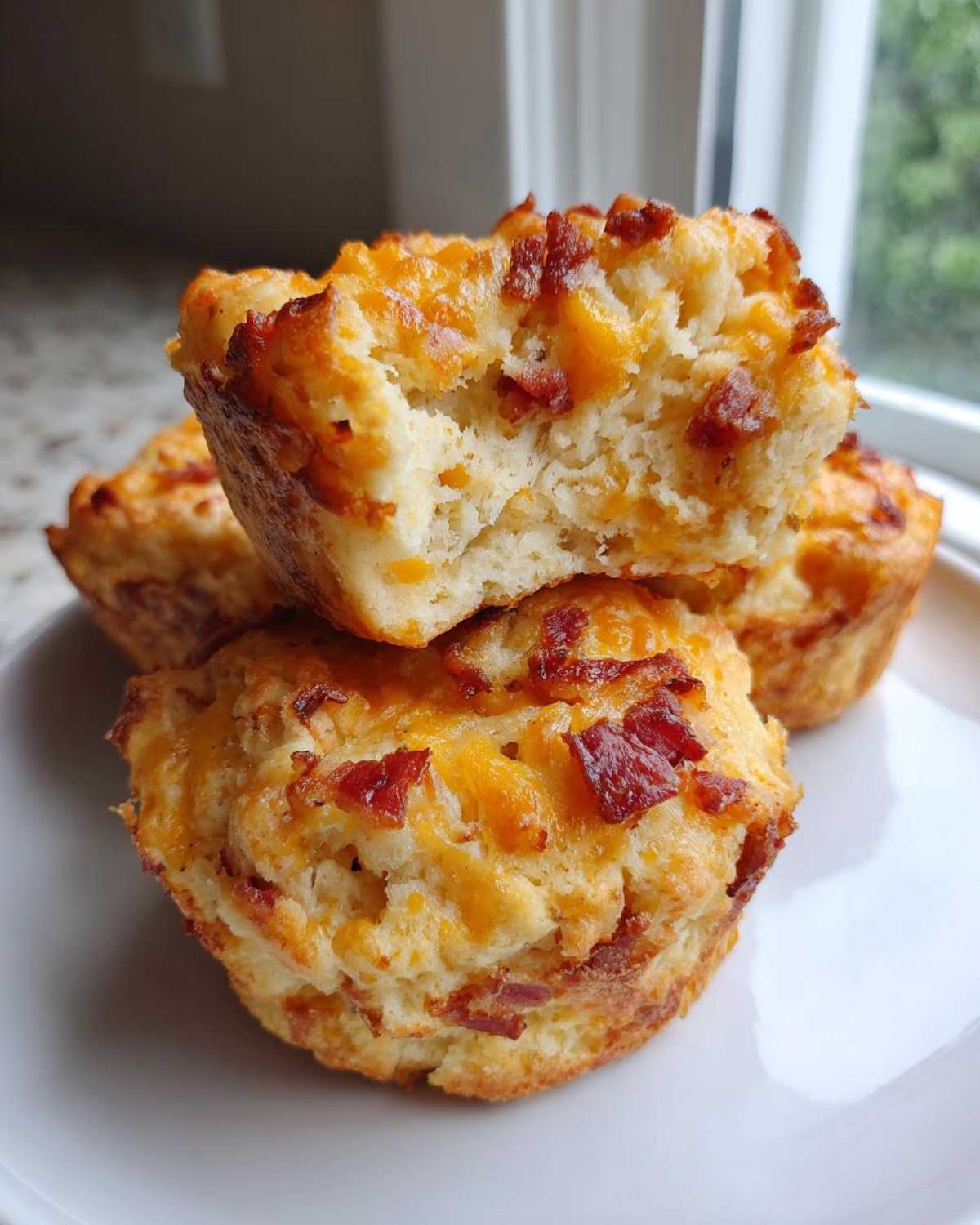 Close-up of savory Sourdough Discard Breakfast Pockets topped with melted cheddar cheese and bacon bits.