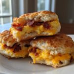Three delicious Sourdough Discard Breakfast Pockets filled with scrambled eggs, melted cheese, and bacon stacked on a white plate.