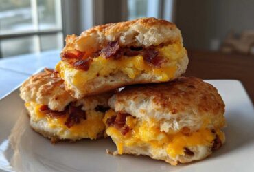 Three delicious Sourdough Discard Breakfast Pockets filled with scrambled eggs, melted cheese, and bacon stacked on a white plate.