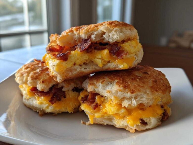 Three delicious Sourdough Discard Breakfast Pockets filled with scrambled eggs, melted cheese, and bacon stacked on a white plate.