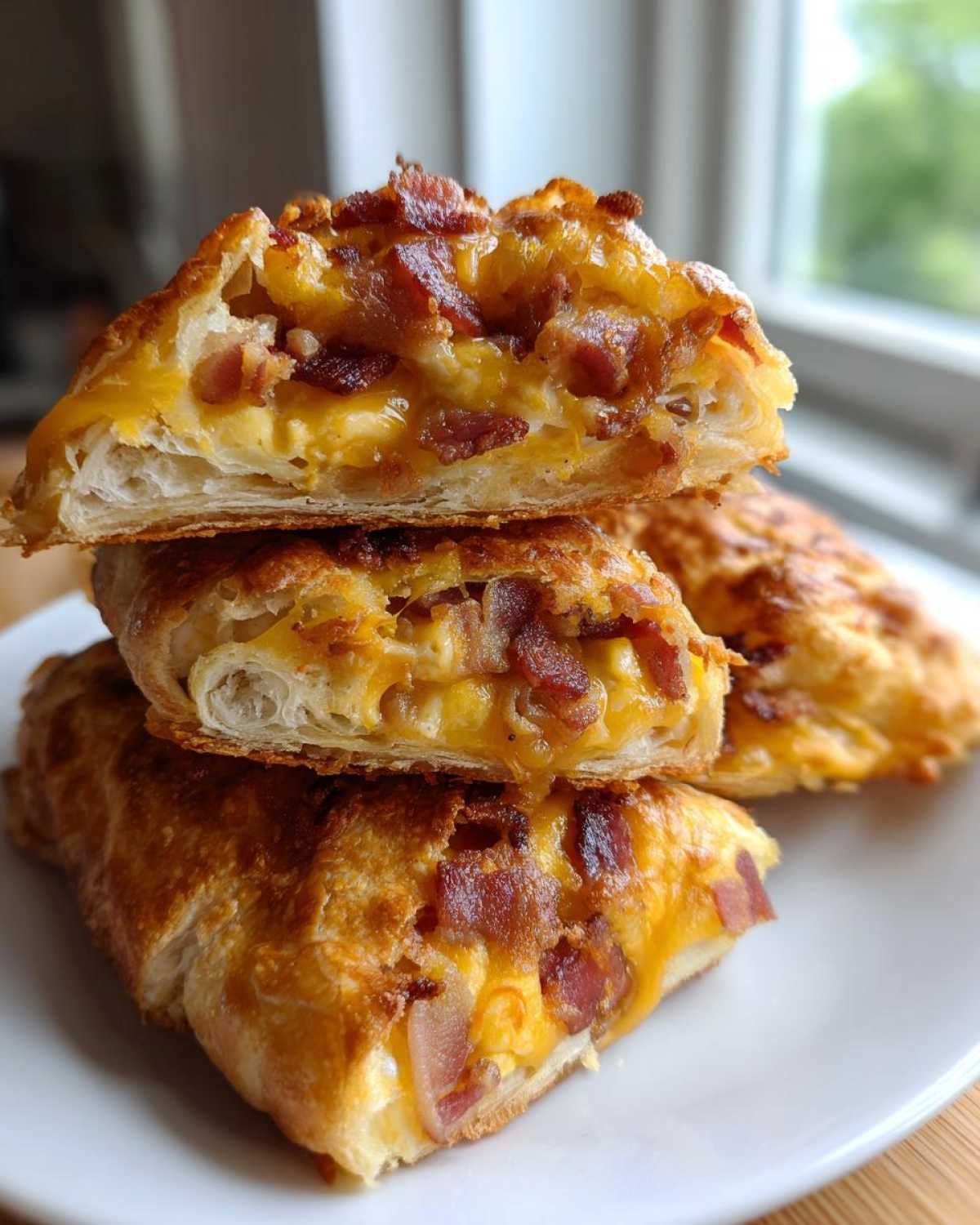 Three stacked Sourdough Discard Breakfast Pockets cut in half, showing cheesy, bacon-filled centers.