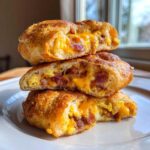 Three halves of Sourdough Discard Breakfast Pockets stacked, showing melted cheese, scrambled eggs, and bacon filling.