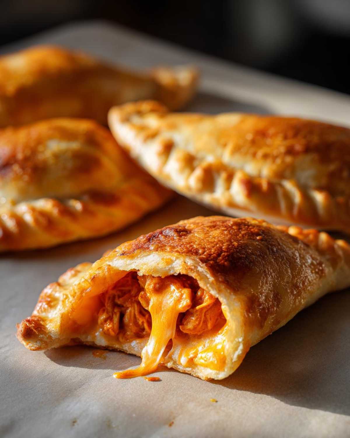 Close-up of a golden-brown Spicy Buffalo Chicken Pockets, broken open to show melted cheese and shredded chicken filling.