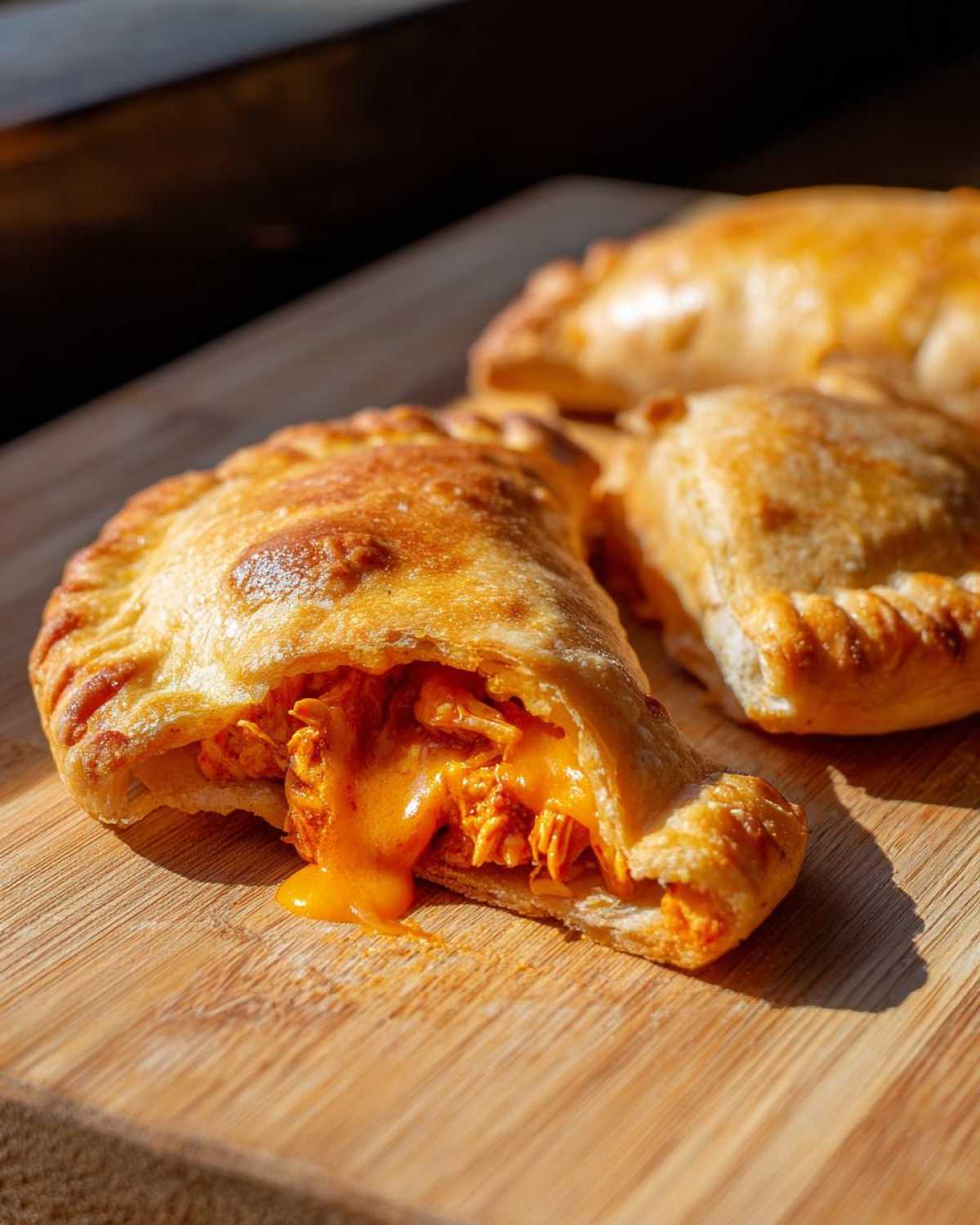 A close-up of a golden-brown Spicy Buffalo Chicken Pockets, broken open to show shredded chicken and melted cheese filling.