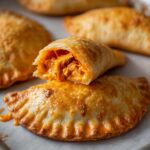 Close-up of golden brown Spicy Buffalo Chicken Pockets, one cut open revealing shredded chicken in a creamy orange sauce.