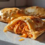 A close-up of a Spicy Buffalo Chicken Pockets pastry cut open, revealing shredded chicken coated in orange buffalo sauce.