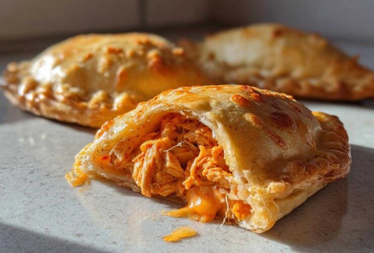 A close-up of a Spicy Buffalo Chicken Pockets pastry cut open, revealing shredded chicken coated in orange buffalo sauce.