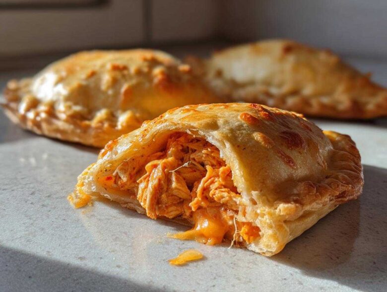 A close-up of a Spicy Buffalo Chicken Pockets pastry cut open, revealing shredded chicken coated in orange buffalo sauce.