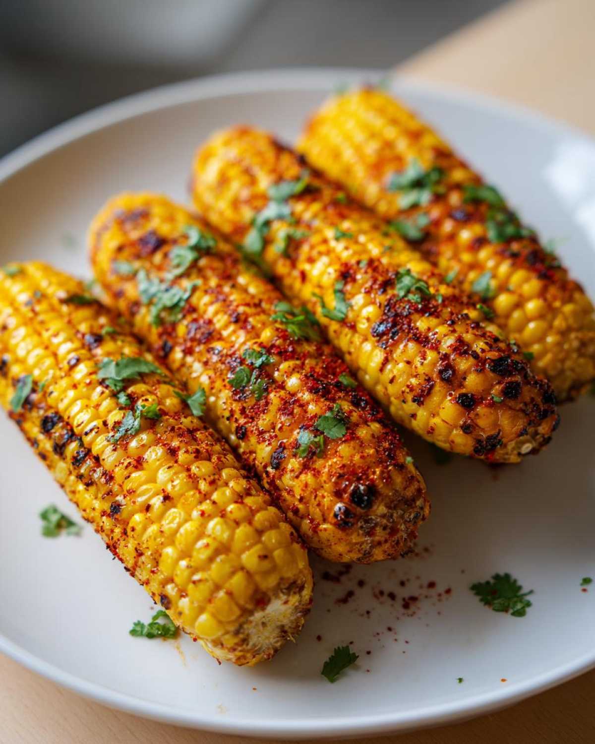 Four grilled corn ribs seasoned with chili powder and cilantro, served as a Corn Ribs Summer Side Dish.
