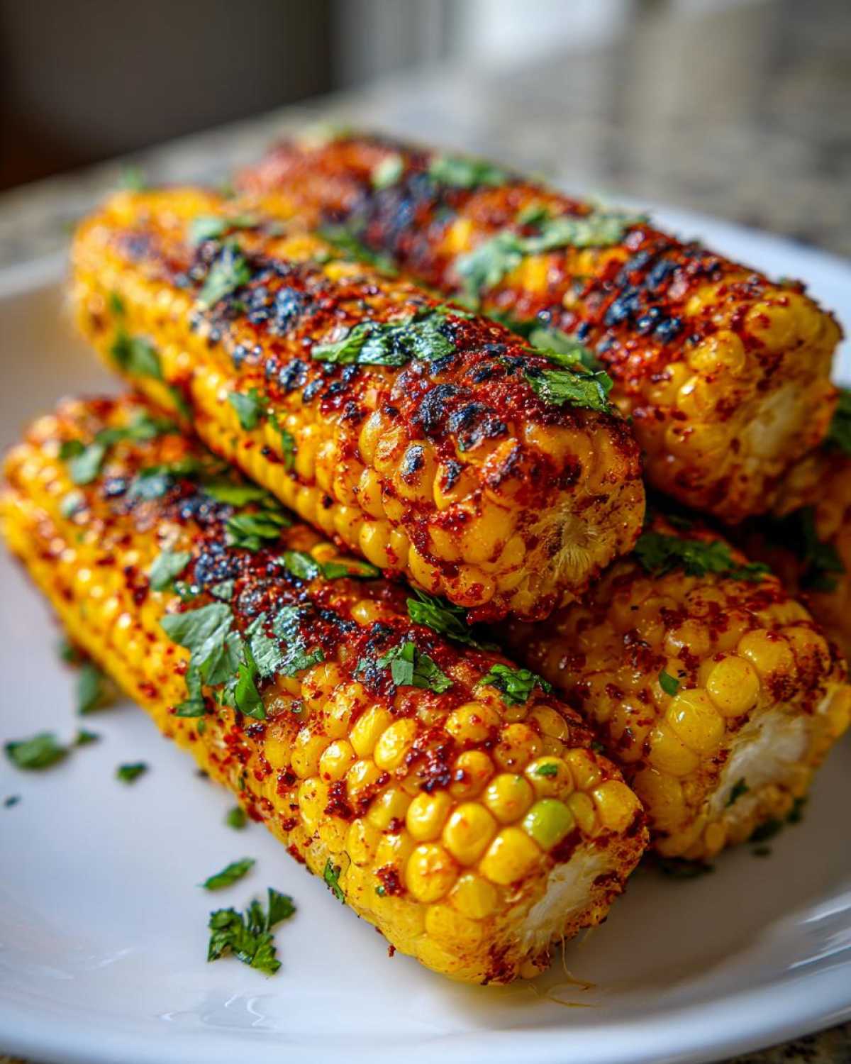 Close-up of seasoned and grilled Corn Ribs Summer Side Dish, sprinkled with fresh cilantro, stacked on a white plate.