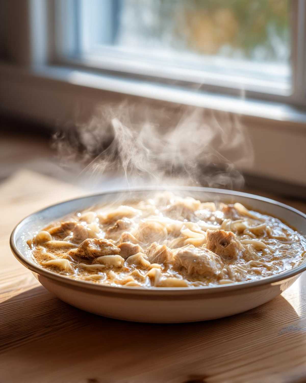 A steaming bowl of creamy Crack Chicken Noodle Soup with chunks of chicken and noodles, set near a bright window.