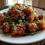 A plate piled high with crispy Sticky Honey Garlic Cauliflower pieces coated in a dark glaze and topped with sesame seeds and green onions.