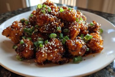A plate piled high with crispy Sticky Honey Garlic Cauliflower pieces coated in a dark glaze and topped with sesame seeds and green onions.