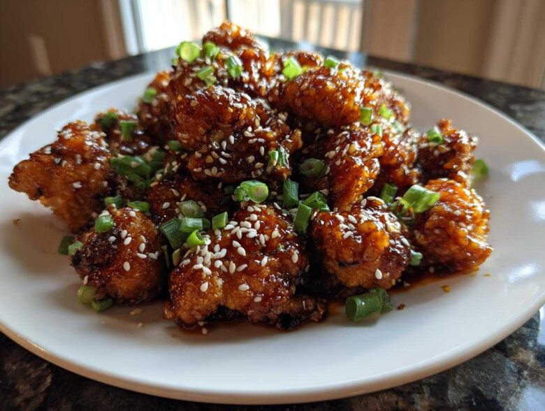 A plate piled high with crispy Sticky Honey Garlic Cauliflower pieces coated in a dark glaze and topped with sesame seeds and green onions.